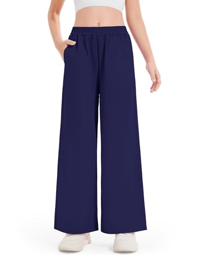 Hvididan Girls Preppy Loose Straight Leg Pants for School, Street & Hiking, Comfortable Plain Casual Long Pants Navy Blue Size 7-8