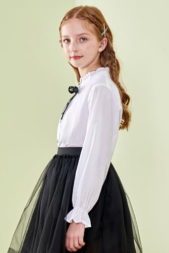 Image of SOLOCOTE Girls White Blouse Ruffle Long Sleeve Button Down Shirts Princess Cotton Loose Soft Tops Spring and Summer, SLN9009 9-10 White