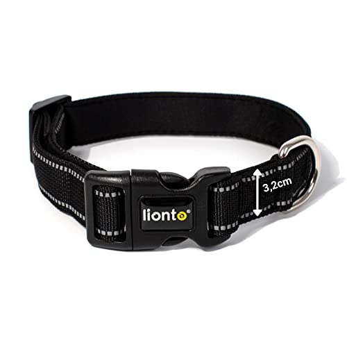lionto Hundehalsband aus strapazierfähigem Nylon, Größe XL, weiches gepolstertes Halsband für Hunde, 360° reflektierend & Klickverschluss, Metallring & Anpassung durch stufenlosen Schieber, schwarz