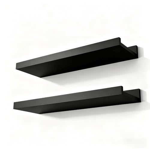 Solrot Black Floating Shelves for Wall Decor Wall Mounted Wood Storage Shelf for Bedroom Living Room Bathroom Kitchen Nursery Display Picture Ledge Shelf with Lip Set of 2-14 Inches Black