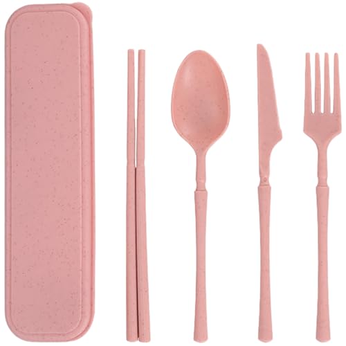 Reusable Travel Utensils Set with Case, Wheat Straw Portable Plastic Fork Spoon Knife Chopsticks Camping Cutlery, Eco-Friendly BPA Free Tableware Picnic Flatware for Kids Adults or Daily Use (Pink)