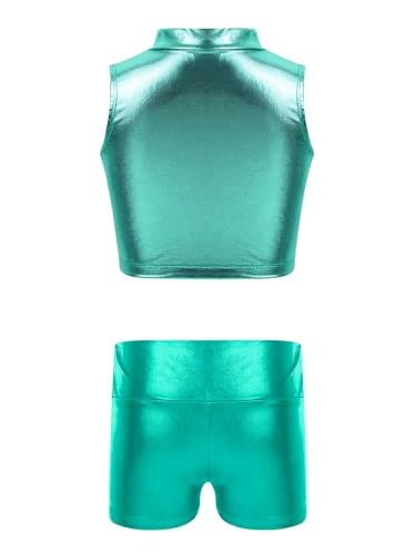 easyforever Kids Girls Metallic Gymnastics Dance Tracksuit With Shorts Dance Leotard 2 Piece Jazz Hip Hop Sport Outfits Blue Green 14 Years2
