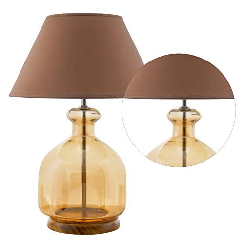 Image of Alper Mini Amber Luster Glass Table Lamp with Beige Cotton Shade | Modern Designer Bedside & Living Room Decorative Table Light (Bulb Included)