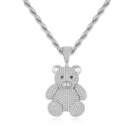 Silver Necklace for Men with Bear Pendant Stainless Steel Rope Chain Fashion Mens Necklaces Iced Out Pendant with Full CZ Trendy Gummy Bear Necklace for Gift