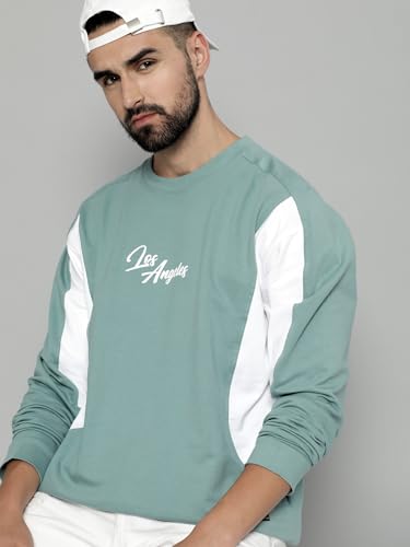 Image of Maniac Mens Printed Cutpanel Round Neck Fullsleeve Berly Green and White Cotton Oversized T-Shirt