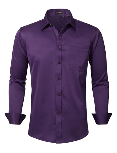 HISDERN Mens Dress Shirt Long Sleeve Stretch Button Down Shirts Solid Wrinkle-Free Formal Business Casual Tops Wedding