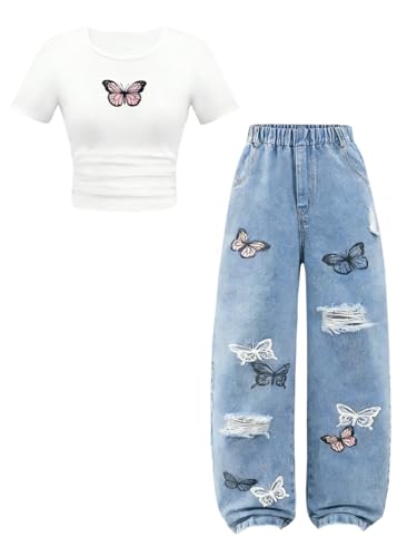 Image of Azmxynol Tween Girl Clothes Short Sleeve Top + Butterfly Design Jeans 2 Pieces Spring Summer Outfit Set, Size 6-16 Years