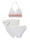 COZYEASE Girls' 3 Piece Floral Print Bikini Sets Cute Swimsuit Bathing Suits with Knot Side Beach Skirt Set White 11-12Y