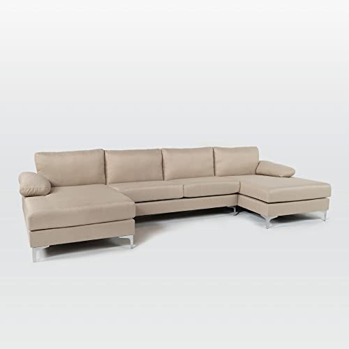 Casa Andrea Milano Modern Large Linen Fabric U-Shape Sectional Sofa, Double Extra Wide Chaise Lounge Couch, Beige #TOP2