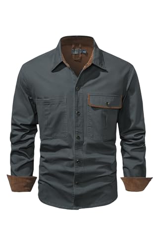 Mr.Stream Men's Washed Cotton Two Pockets Long Sleeve Work Snap Button Up Solid Corduroy Twill Shirt