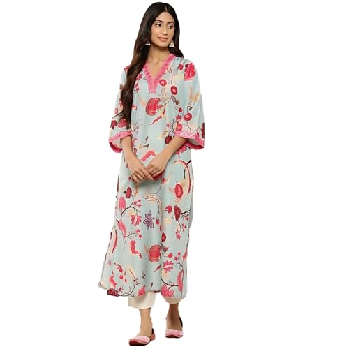 Image of Varanga Women's Blended Relaxed Fit Floral Printed Sequinned Detail A-line Kurta - Elegant and Stylish Ethnic Wear