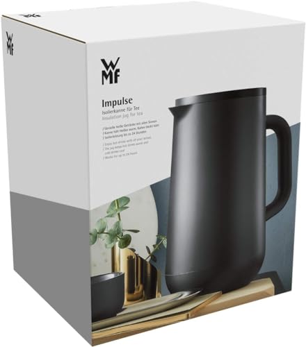 Foto von WMF Impulse Thermoskanne schwarz 1l, Isolierkanne für Tee oder Kaffee, Druckverschluss, Teekanne Thermoskanne hält Getränke 24h kalt & warm