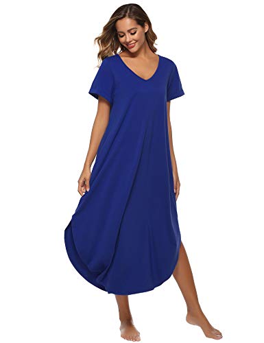 Alletya Cotton Loungewear Long Nightgown Women's Ultra-Soft Nightshirt Full Length Sleepwear with Pocket Sleep Shirt Short Sleeve Nightgowns for Women(Navy Blue,M)
