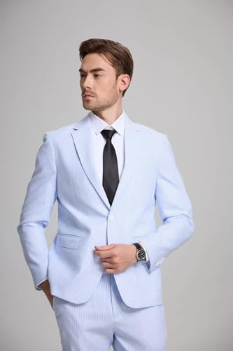 3 Piece Seersucker Suit Mens Slim Fit Beach Wedding Striped Suits Summer Groomsmen Blazer Vest Pants Set3