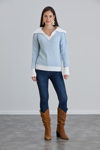 Image of Sweaters for Women Fashion Long Sleeve Lapel Collar V Neck Casual Knit Color Block Pullover Sweater