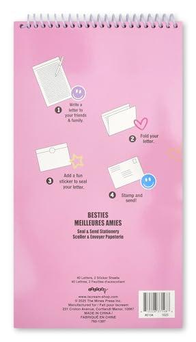 Image of iscream Fold and Send Girls Stationery Note Card Pad with Seals - Besties | 40 Pack, Cute Design, Spiral Bound, Large 10.5 inch x 5.75 inch Cards, Coordinating Sticker Sheets, Fold and Send, Summer Camp Ready