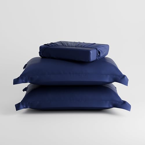 Image of Stoa Paris 350TC Luxstre Cotton Double Fitted Bedding Set with 2 Pillow Covers, All-Around Elastic Fitted Bedsheet 152cm x 198cm + 30cm Drop, All Season Comfort, Breathable, Panache - Navy