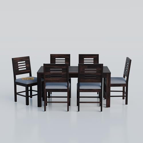 Image of Solid Sheesham Wood 6 Seater Dining Table Set | Six Seater Dinner Table with 6 Grey Cushions Chairs | Dinning Table Set 6 Seater for Living Room | Walnut Finish