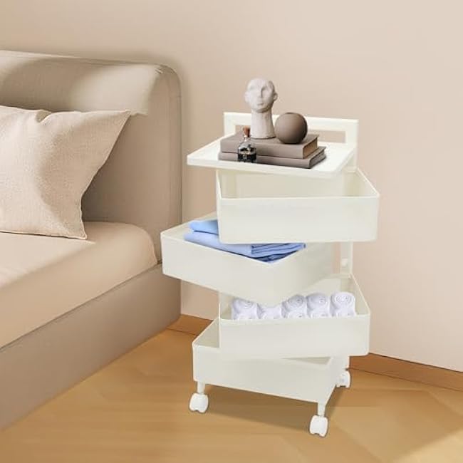 Rotating Kitchen Storage Rack, Kitchen Fruit and Vegetable Organizer and Storage Cart on Rolling Wheels, for Bathroom, Living Room, Can Snack, Spice Jar, Grocery (4-Tier, White)-G7R9mIZv