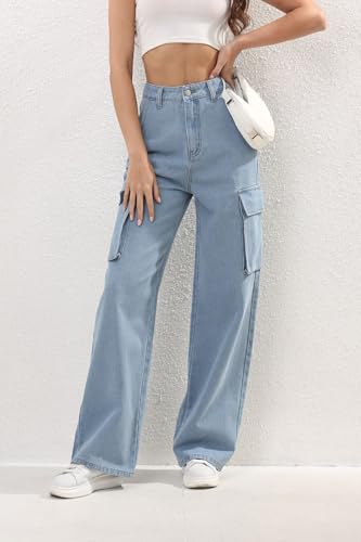 Women's High Waisted Baggy Cargo Jeans Stretch Wide Leg Loose Fit Denim Pants Y2K Streetwear with Pockets for Teen Girls3