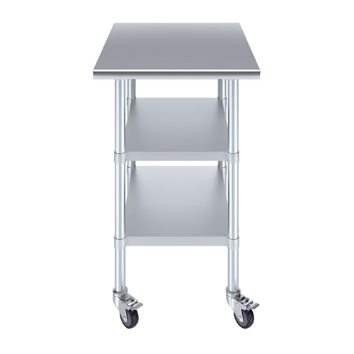 Image of AmGood Stainless Steel Work Table with 2 Shelves and Casters (Stainless Steel Work Table with 2 Shelves + Casters, 24 inch Long x 30 inch Deep)
