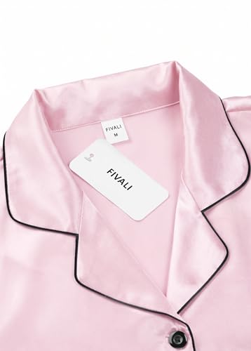 Image of Fivali Women Silk Satin Pajamas Set: Soft Short Sleeve 2 piece Pjs Ladies Button-down Pj Sets Silky Women's Sleepwear