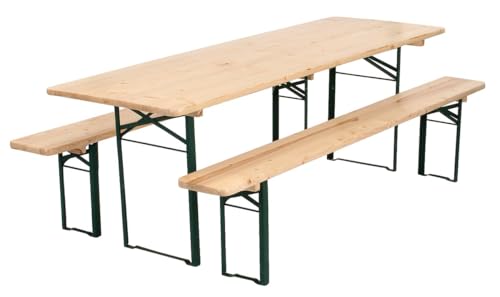 METRO Professional Conjunto de Mesa y Bancos de Exterior, Juego de Muebles de Jardín de 3 Piezas, Patas Plegables, 1 Mesa de Cerveza 220x70cm, 2 Bancos 220x25cm, Marrón/Verde