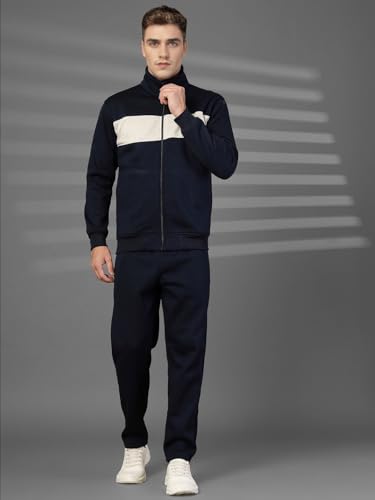 Image of CHKOKKO Mens High Neck Winter Tracksuit Full Zip Jacket with Elastic Waist Lower Warm and Soft Activewear Set for Gym Running and Casual Use NavyEcru L
