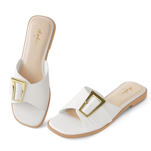 Ankis Black White Brown Women's Flat Sandals Comfortable Flat Sandals for Dressy Summer Women's Slide Sandals