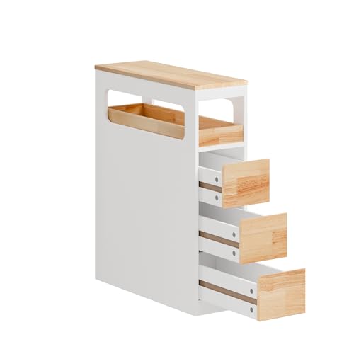 SoBuy Meuble Salle de Bain Colonne de Rangement, Petit Meuble Salle de Bain Meuble Compact avec Roues, Tiroirs et Séparateurs, Blanc+Naturel, 65x23x82cm,...