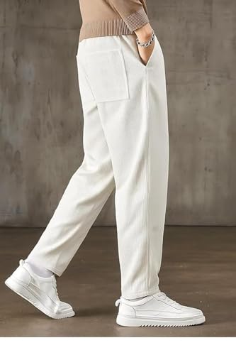 Image of BLUECORP ENTERPRISE Men's White Corduroy Casual Pants, Straight Leg, Drawstring Waist, Pockets