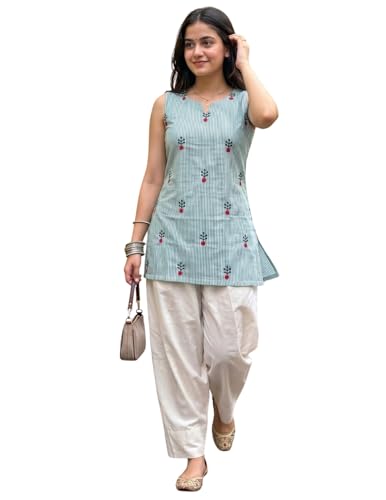 Image of Youthnic Women's Cotton Embroidered And Stripes Work Summer Wear Straight Kurti With farshi Salwar | Co Ord Set for Women Stylish | Office wear Kurta Set