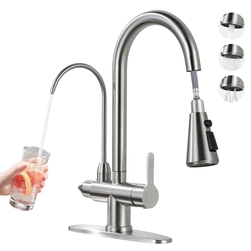 Kitchen Faucet with Water Filter Faucet Brushed Nickel Stainless Steel Drinking Water Faucet High Arc 2 Handle Kitchen Sink Faucet with Pull Down Sprayer for Kitchen Sink Farmhouse Bar