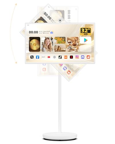 Image of 32 inch Portable TV on Wheels, 1080p Smart Touchscreen Display, Rolling Monitor with Magnetic Wide-Angle Camera, Android 13,Built-in 6-8h Battery, 10W Stereo Speakers,Remote Control, 6+128GB Storage,White