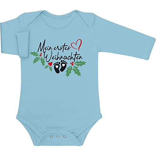 Shirtgeil Baby Body Langarm Mein erstes Weihnachten Weihnachtsmotiv Weihnachtsstrampler Baby 6M Hellblau