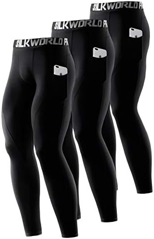 SILKWORLD Men's Compression Pants Pockets Cool Dry Gym Leggings Baselayer Running Tights (Large, Pack of 3: Black#3)