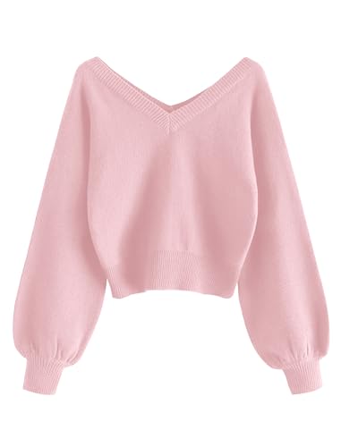 Image of ZAFUL Women's Cropped Sweater V-Neck Long Sleeve Pullover Jumper Knit Top | Crop Length, Ribbed Knit, Double V design, White sweater, Raglan sleeves, lantern sleeve, Fall & Winter, Loose fit, Oversized