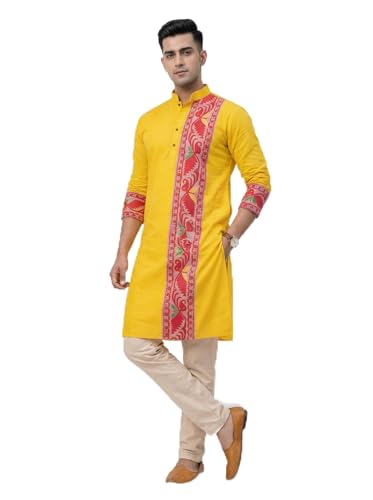 Image of Men's Jamdani Printed Kurta Pajama Set | Pure Cotton Ethnic Kurta with Mandarin Collar & Dupion Silk Pyjama | Festive & Weddings 303A12A 303SB12B(M XXL)