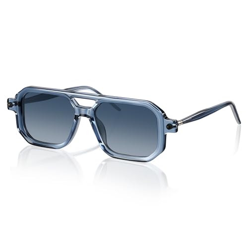 gesruny Mens Aviator-Style Acetate Sunglasses Angular Frame with Double Bridge Spring-Hinge Temples & UV400 Protection