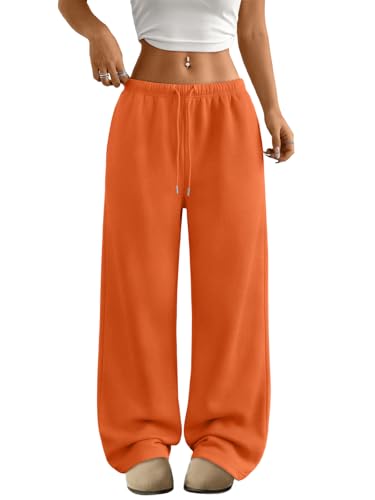 Trendy Queen Womens Wide Leg Sweatpants Baggy Drawstring Low Rise Lounge Pants 2026 Fall Joggers with Pockets Orange M