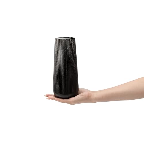 Image of 7.8''H Ceramic Vase, Pampas Grass Vase, Ribbed Modern Decor, Matte Black