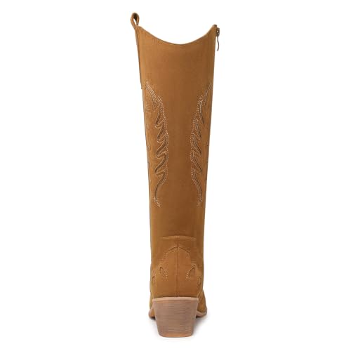 Image of SHIBEVER Suede Knee High Cowboy Boots for Women Comfortable Tall Cowgirl Boots Zipper Low Heel Fall Winter Western Booties