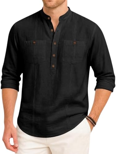 Image of ROYALSCOUT Men's Cotton Polyester Blend Kurta Style Shirt with Mandarin Collar, Half Button Placket, Dual Chest Pockets, Long Sleeve Casual Ethnic Fusion Wear for Office, Festive and Daily Use
