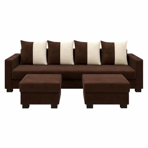 Image of SOCOZI Braviza 6 Seater L Shape Sofa Set with 2 Movable Ottomans | Flexible Layout | Soft Velvet Suede Fabric | Modern Design | Plush Comfort Cushions for Living Room (Dark Brown-Cream)