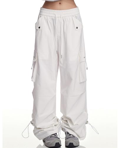 SANGTREE Women's Drawstring Elastic Waist Ruched Baggy Cargo Pants Hip Hop Streetwear, White, X-Large3