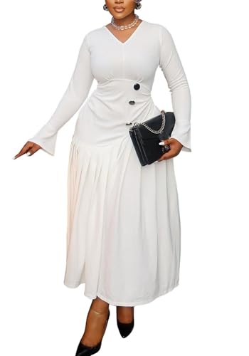 Women's Fall Plus Size Pleated Maxi Dress Casual Long Sleeve V Neck A Line Flowy Cocktail Wedding Guest Dresses