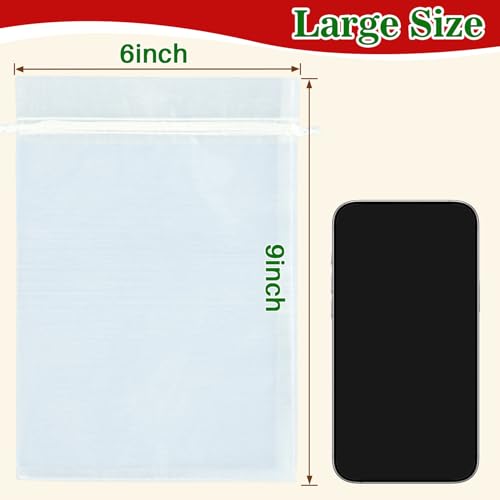 Image of Sukh White Organza Bags 6 inchx9 inch - 100pcs Large Sheer Mesh Drawstring Bags for Jewelry, Soap, Fruits, Candy, Small Gift Bag for Weddings, Valentine's Day, Mother's Day, Halloween, Thanksgiving, Christmas
