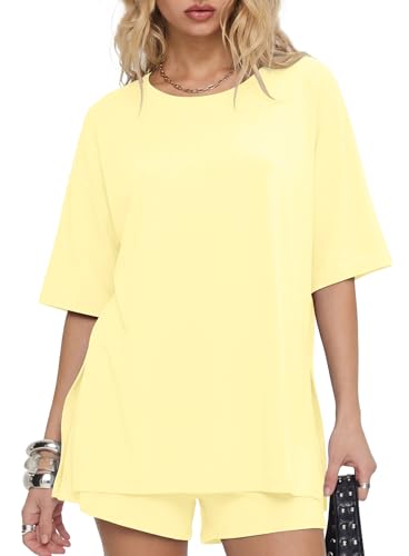 Image of Darong Women's 2 Piece Shorts Set Loungewear | oversized tshirts,crew neck top,drawstring shorts,elastic waist, side pockets,summer travel outfits