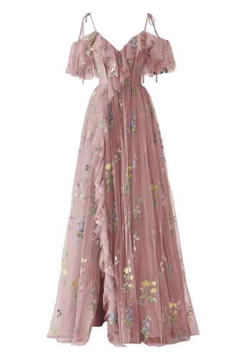 Cudiew Flower Embroideried Tulle Prom Dresses Women's Ruffle Cold Shoulder Long Formal Evening Gowns with Slit