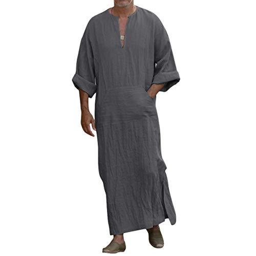 Haseil Men's V-Neck Kaftan Robe Roll Up Long Sleeve Line Solid Long Gown Side Split Thobe, Gray, Tagsize XL=USsize L